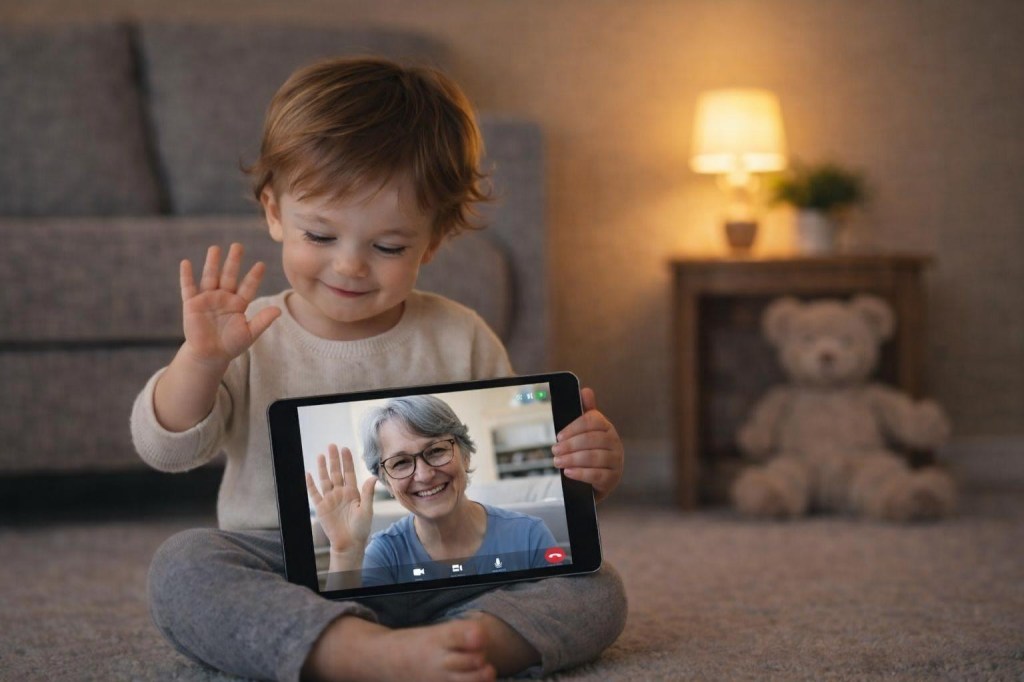 Toddler sitting on floor using a tablet device indoors