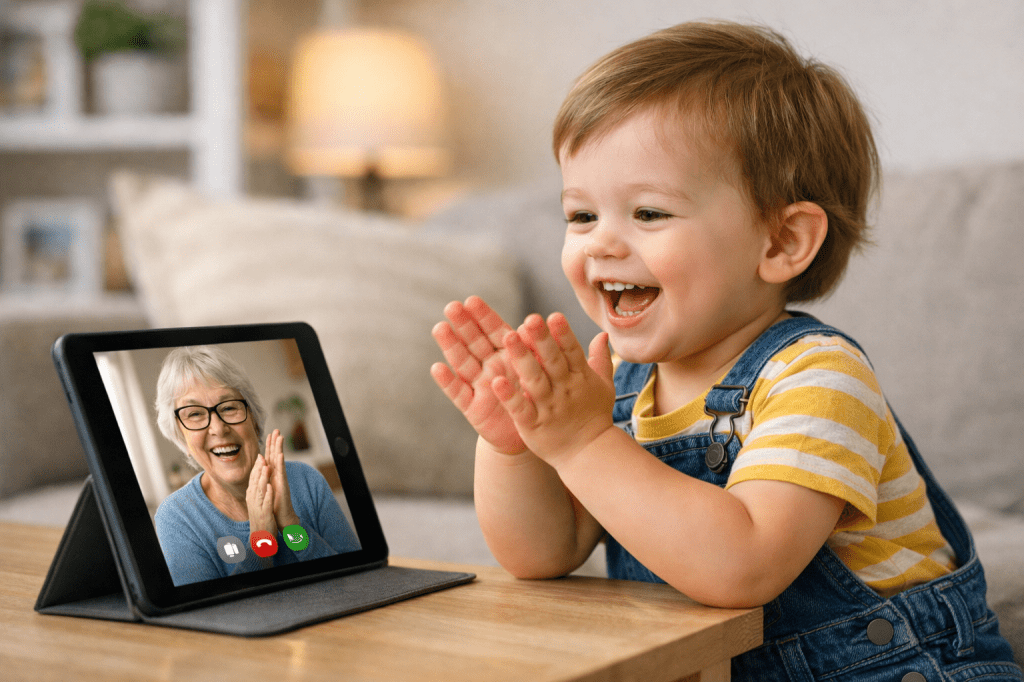Toddler clapping hands during video call with grandmother on tablet